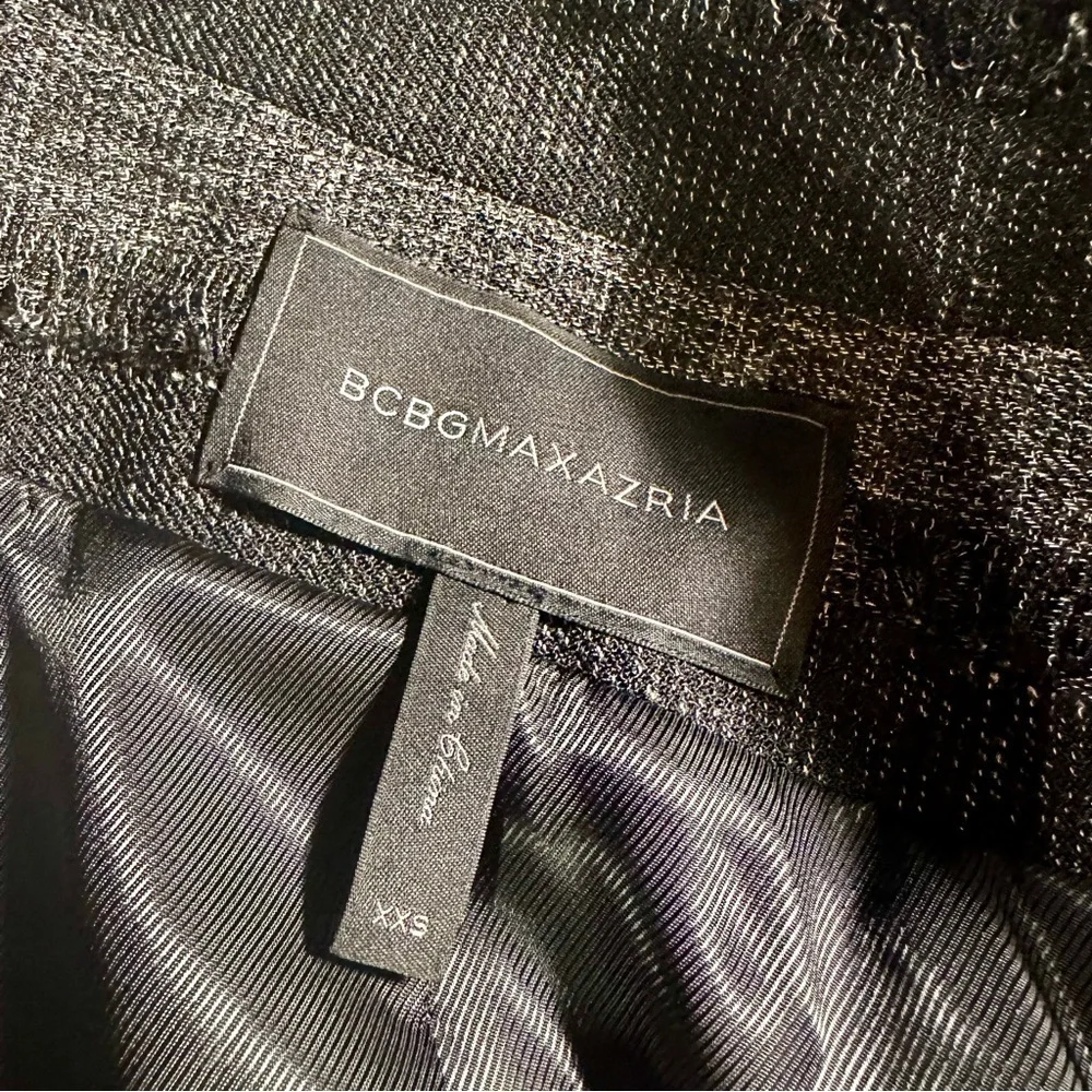 NWOT BCBGMaxAzria ‘Aubree’ Tweed Draped Front Jacket in Black & Gray Stripe XXS